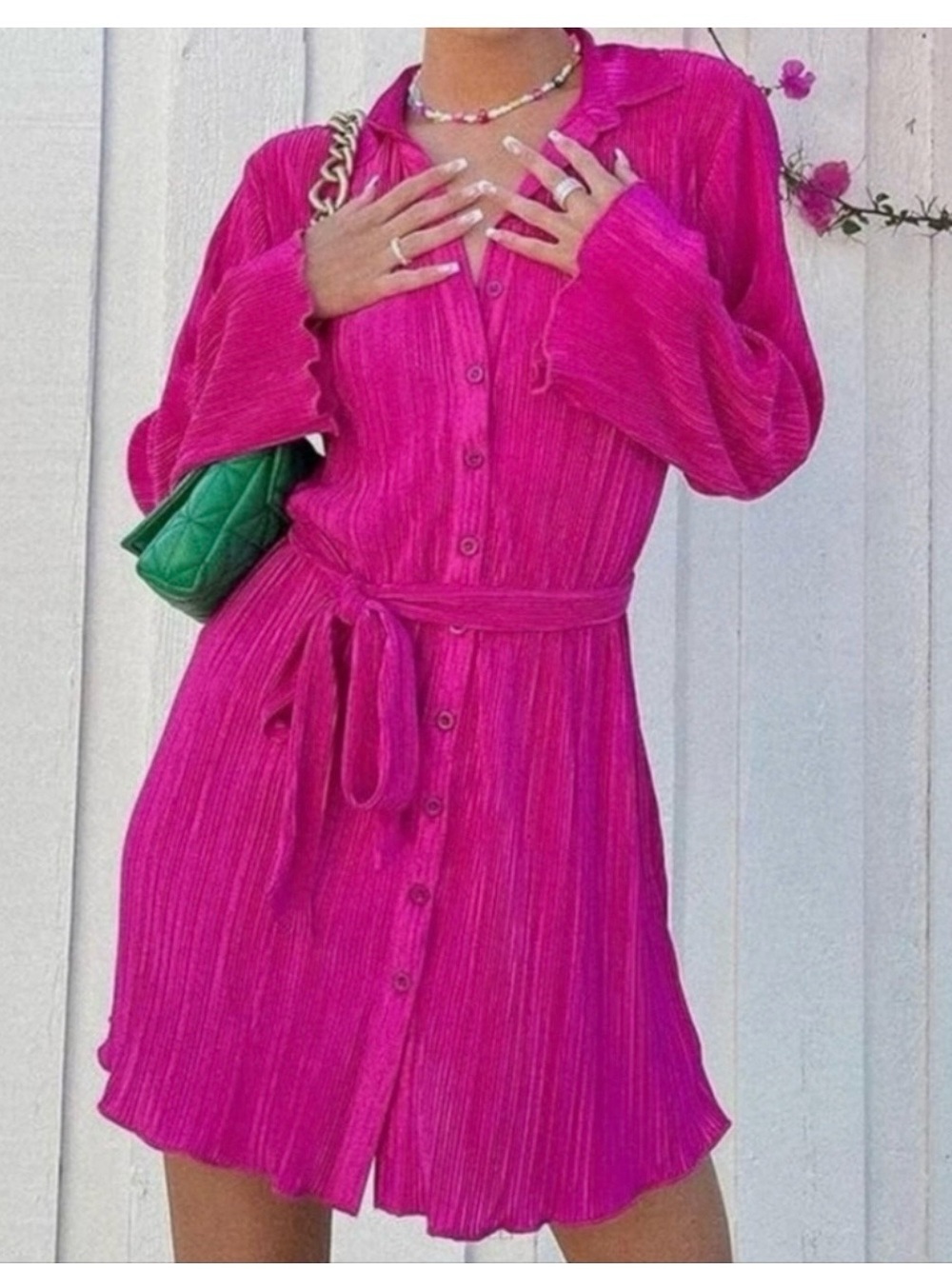 Fuchsia Button-Front Belted Shirt Dress
